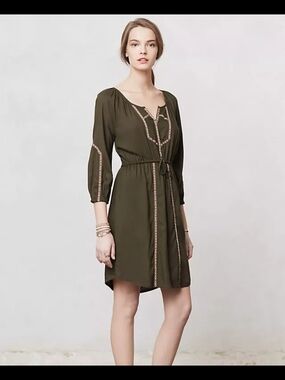 Anthropologie Edme & Esyllte Olive Embroidered Tie-Waist Dress